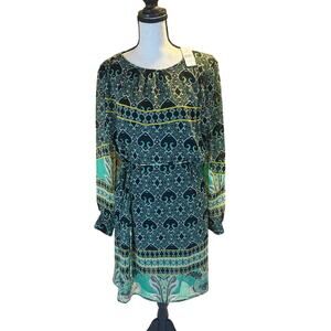 LOFT NWT Women's Long Sleeve Dress Large Green Black Patterned Tie Waist Garden